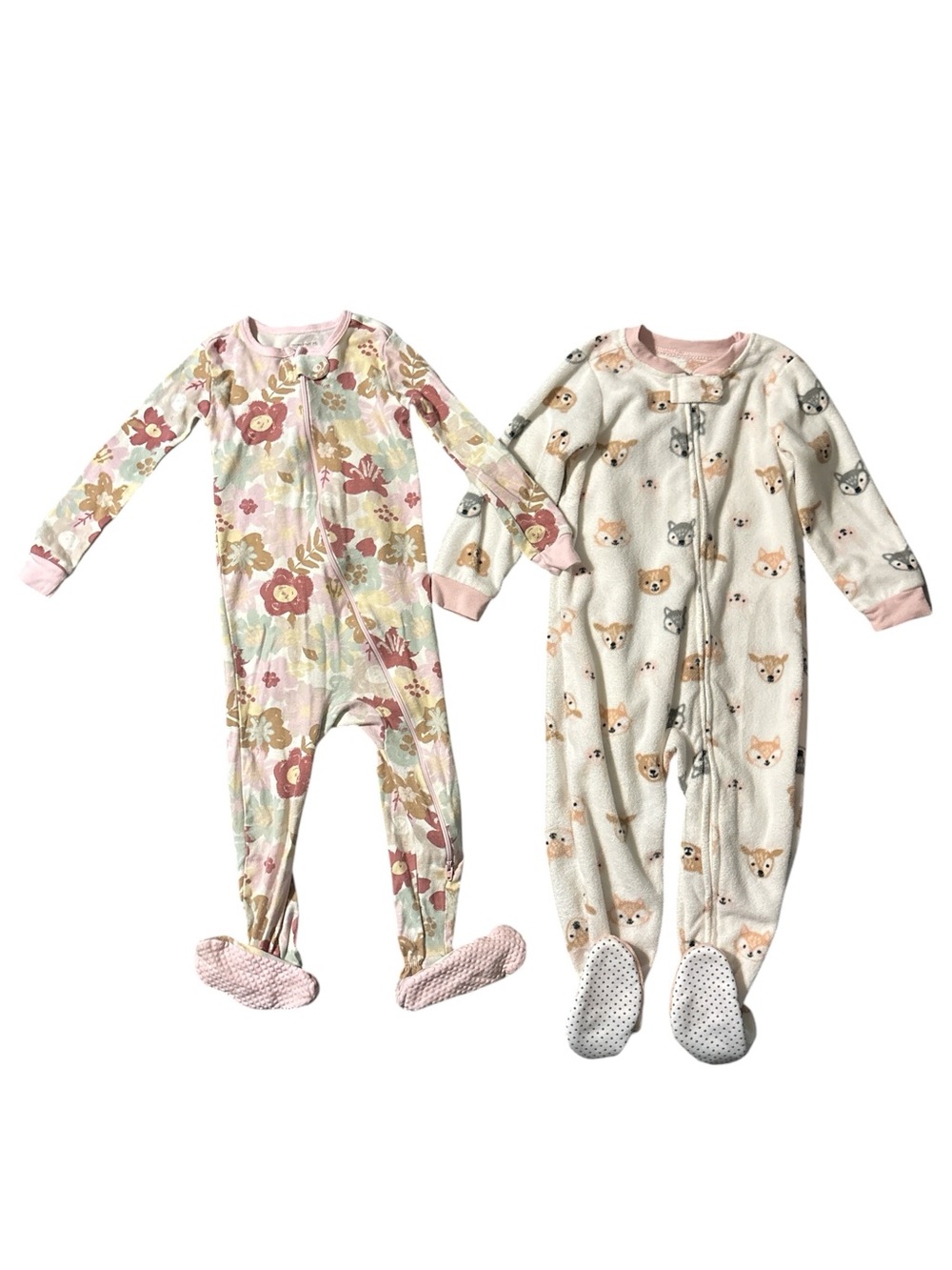 Pink Floral and Cream Animal Print Kids One-Piece Sleepers - Pack of 2